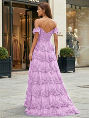 Royal Blue Off-the-Shoulder Sequin Lace Tiered Corset Prom Dress