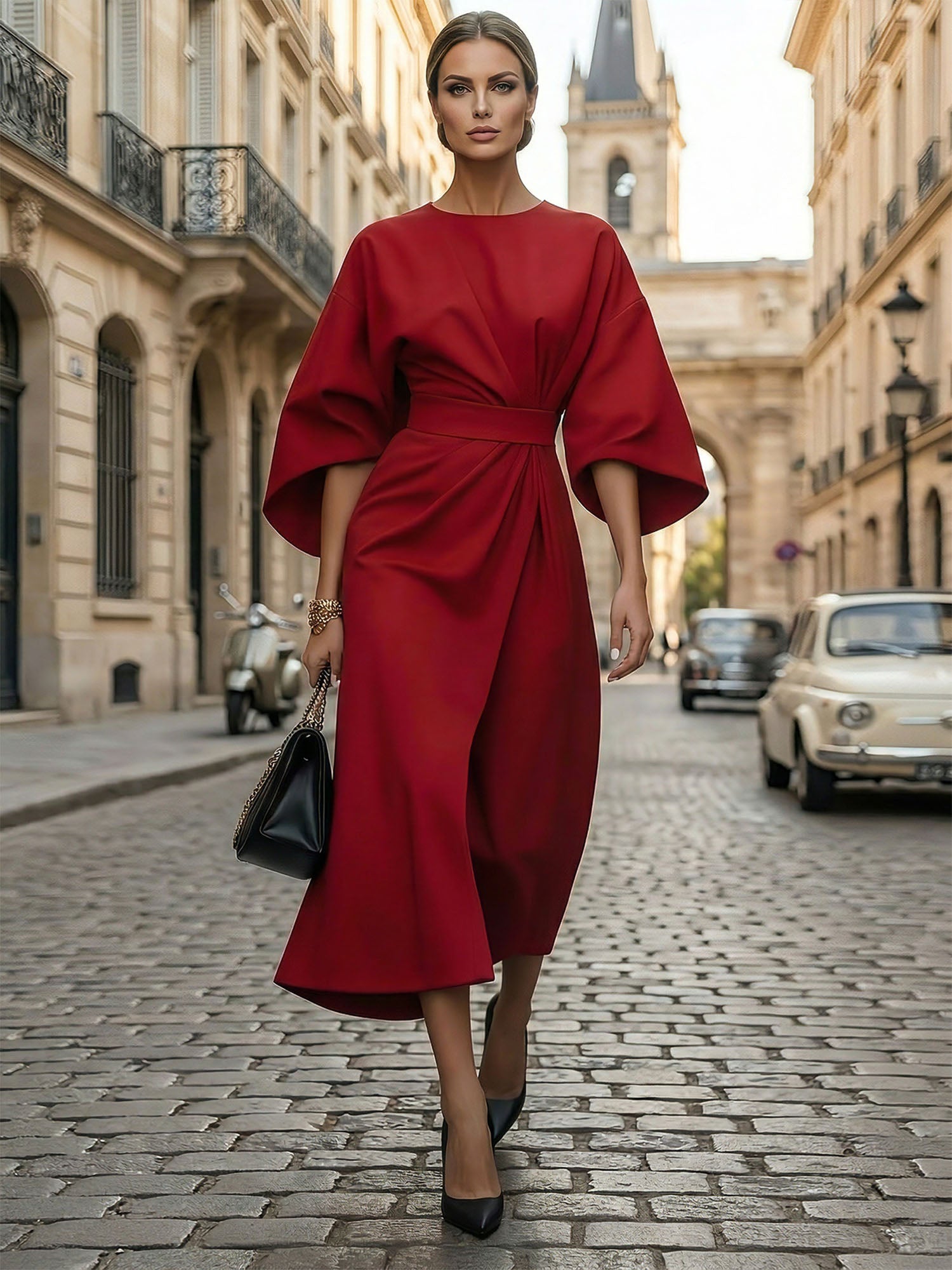 Loose Batwing Sleeve Dress Tight Waist Solid Color Elegant Dresses