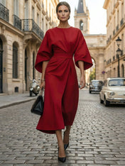 Loose Batwing Sleeve Dress Tight Waist Solid Color Elegant Dresses