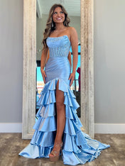 Pink Mermaid Strapless Satin Tiered Long Prom Dress with Sequins