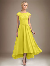 A-line Scoop Illusion Asymmetrical Lace Chiffon Mother of the Bride Dress With Pleated