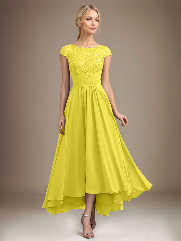 A-line Scoop Illusion Asymmetrical Lace Chiffon Mother of the Bride Dress With Pleated