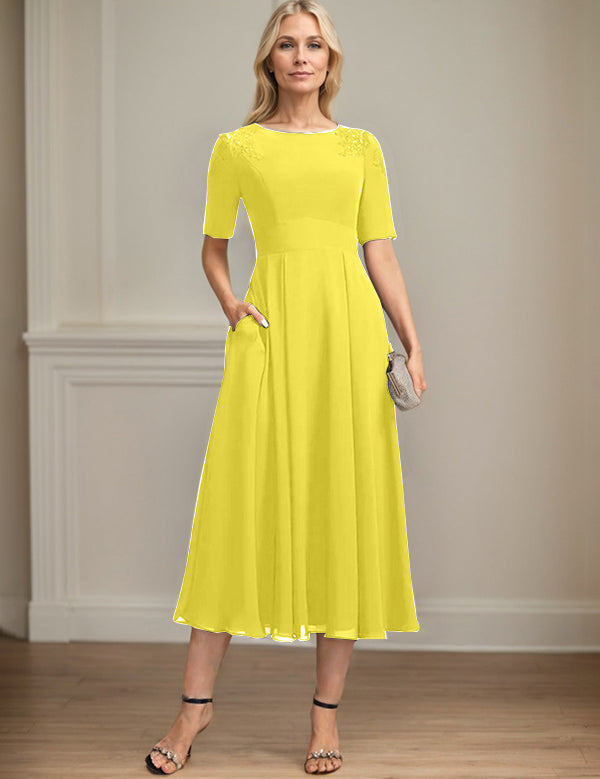 A-line Scoop Tea-Length Chiffon Mother of the Bride Dress With Appliques Lace Sequins