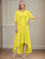 A-line V-Neck Asymmetrical Chiffon Mother of the Bride Dress With Beading Sequins