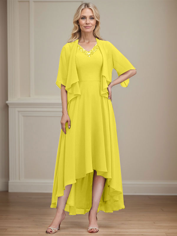A-line V-Neck Asymmetrical Chiffon Mother of the Bride Dress With Beading Sequins