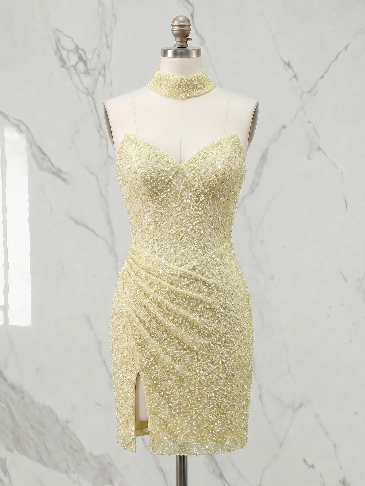 Luminous Butter Yellow Sequin Corset Slit Homecoming Dress with Choker