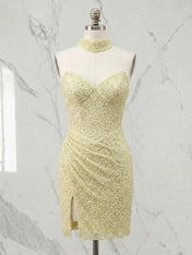Luminous Butter Yellow Sequin Corset Slit Homecoming Dress with Choker