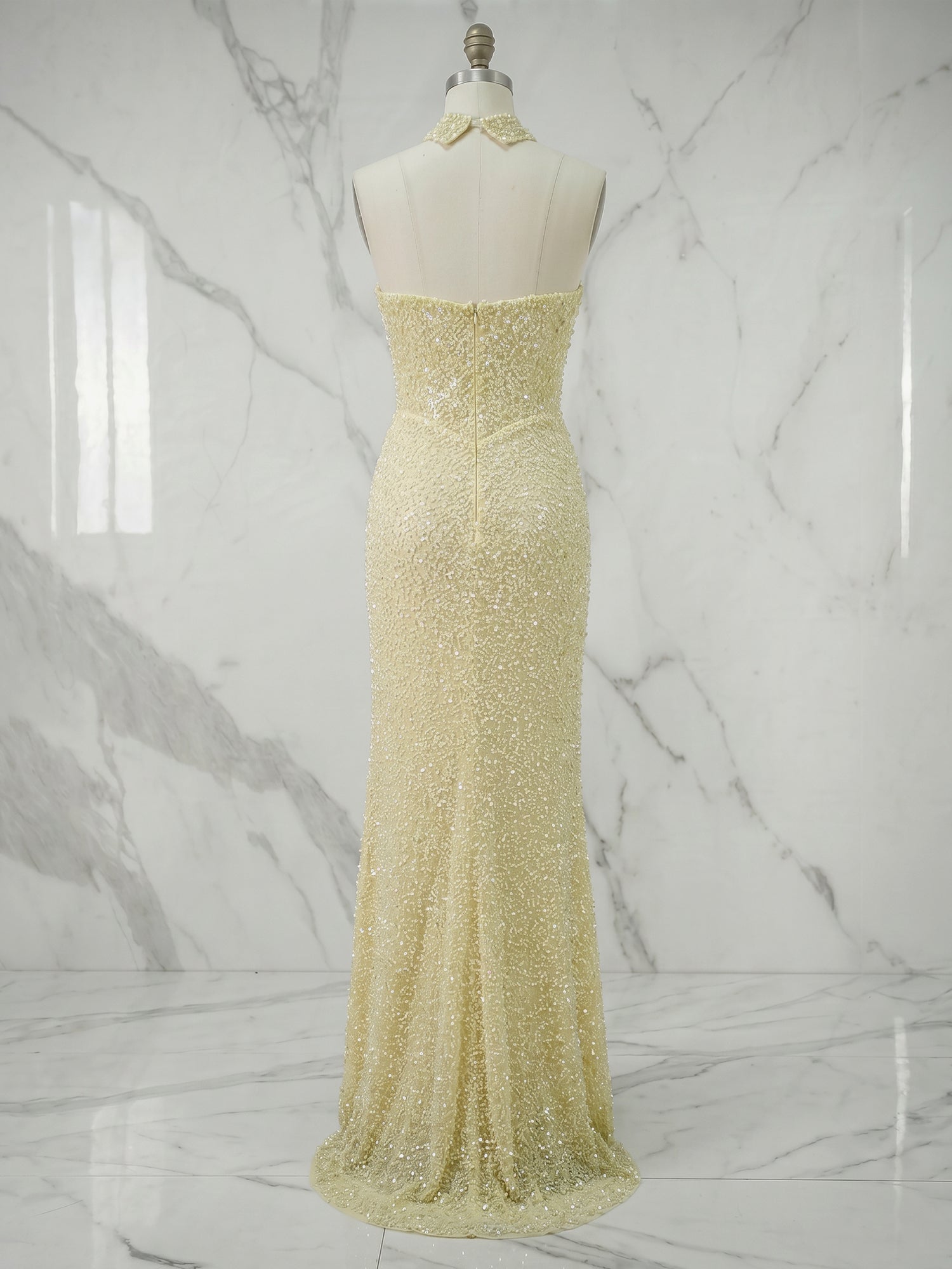 Luminous Butter Yellow Sequin Corset Slit Prom Dress with Choker