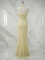 Luminous Butter Yellow Sequin Corset Slit Prom Dress with Choker