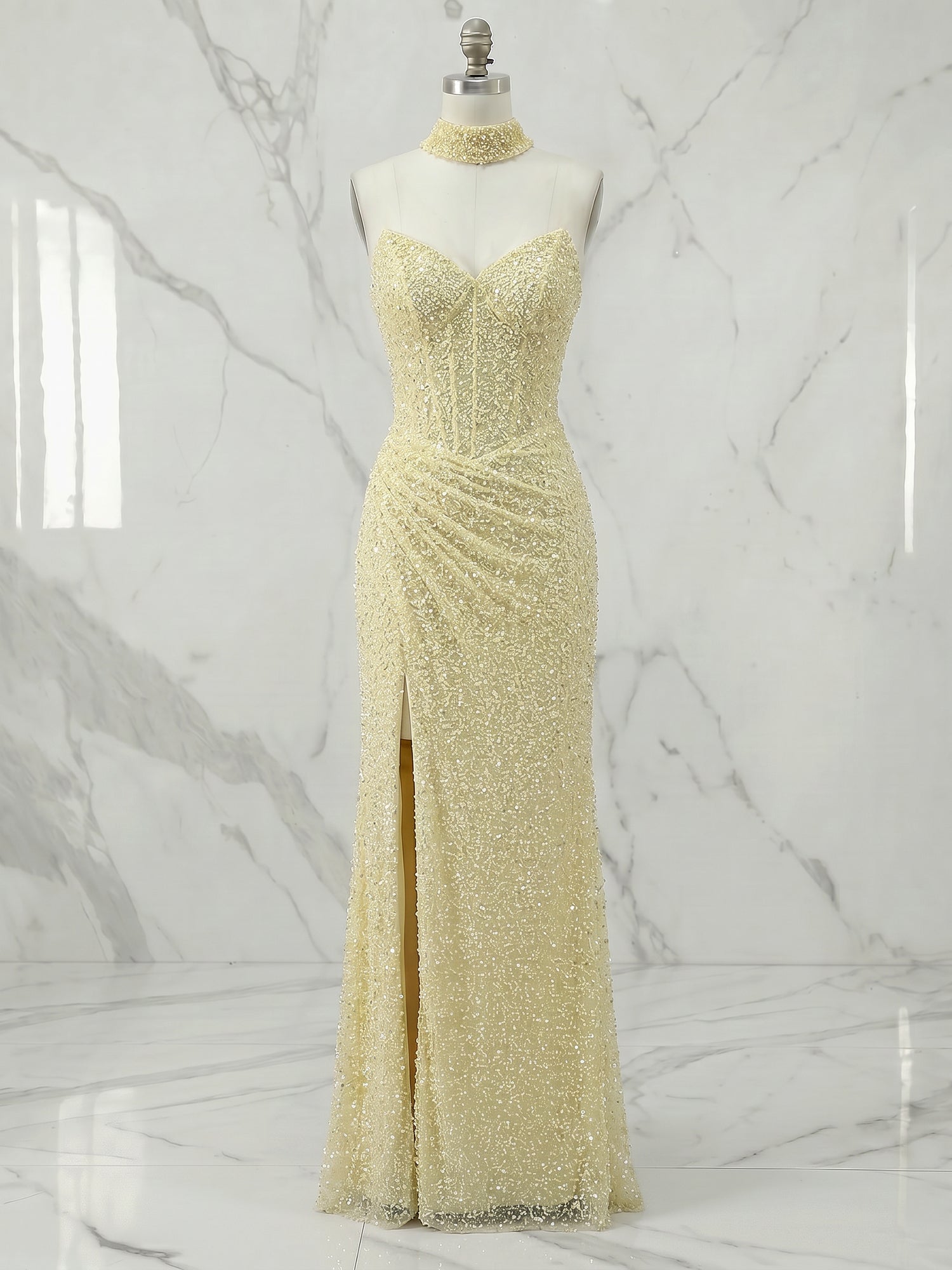 Luminous Butter Yellow Sequin Corset Slit Prom Dress with Choker