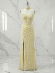 Luminous Butter Yellow Sequin Corset Slit Prom Dress with Choker