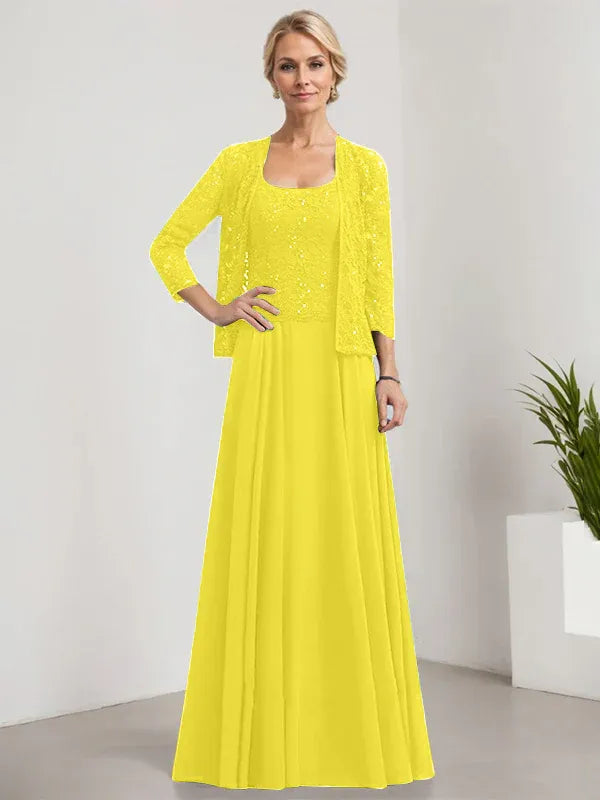 Robe de mère de la mariée trapèze carrée, longueur au sol, en mousseline de soie et dentelle, avec paillettes 