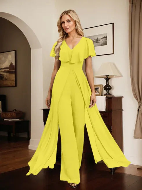 Pantsuit V-Neck Floor-Length Chiffon Evening Dress