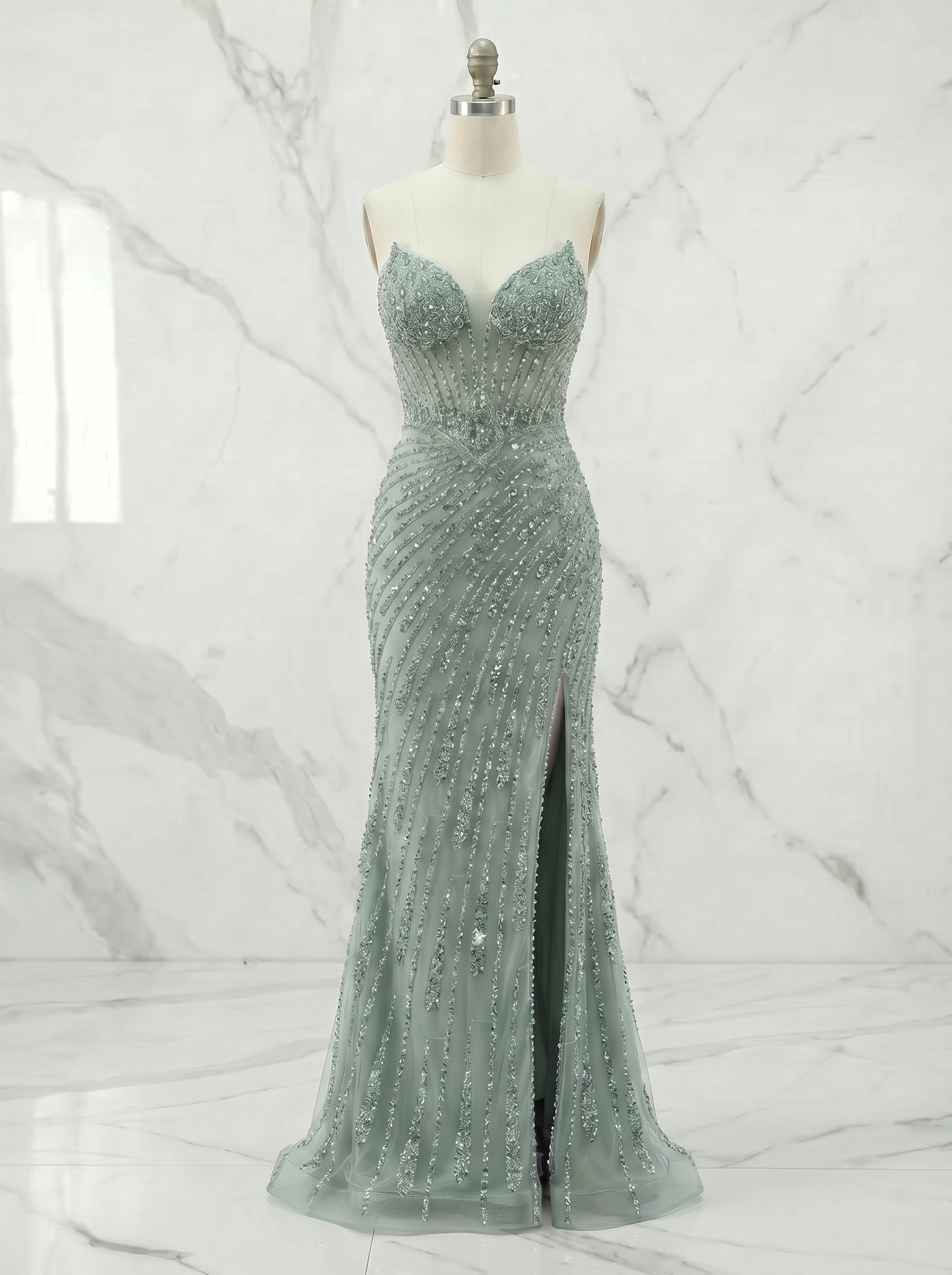 Luxurious Beaded Crystal Lilac Illusion Corset Prom Dress
