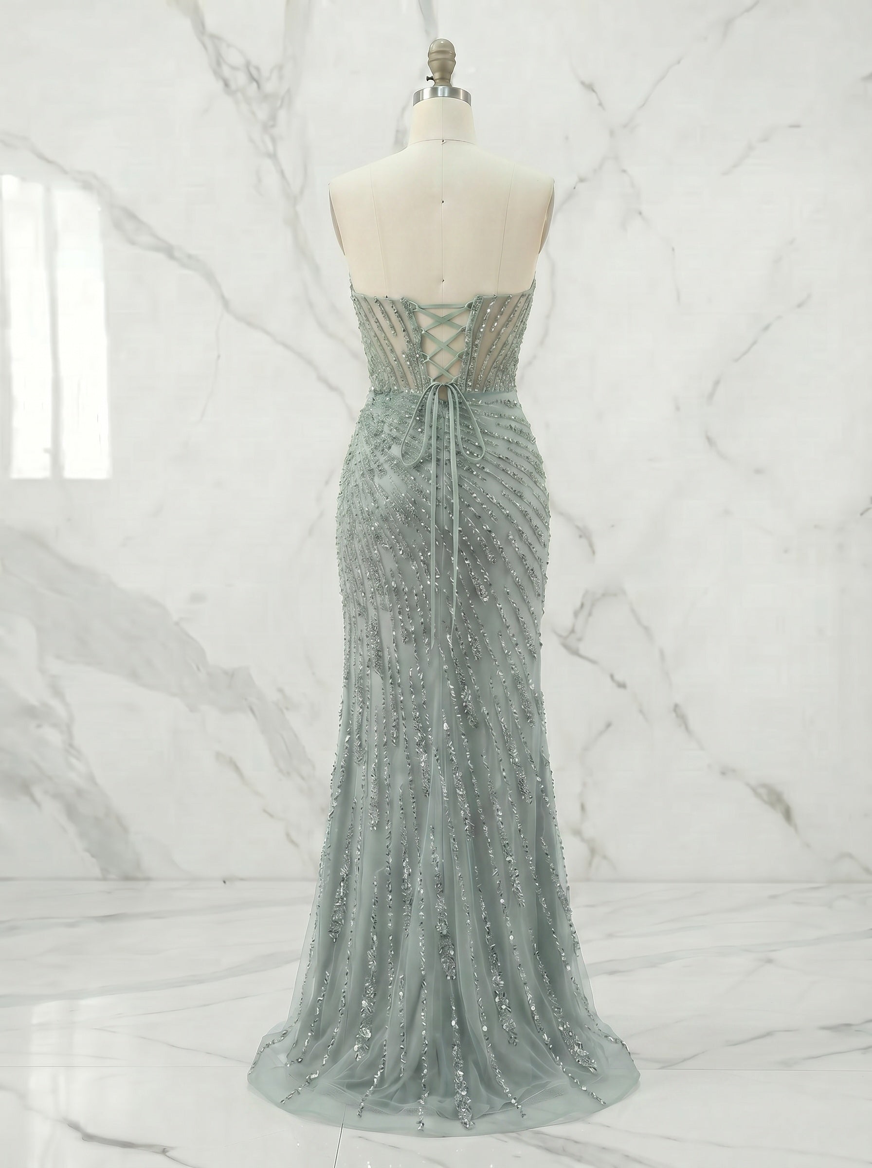 Luxurious Beaded Crystal Lilac Illusion Corset Prom Dress