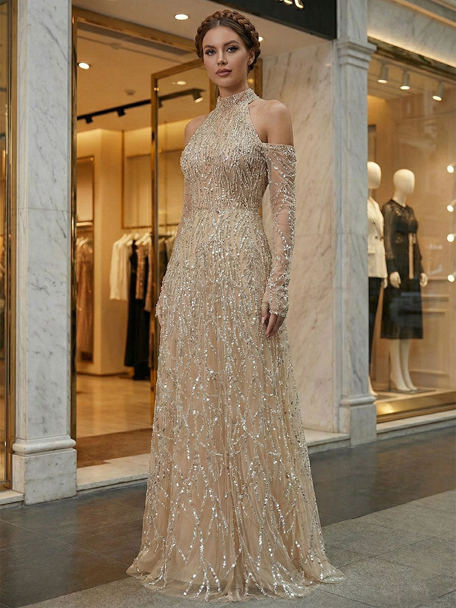 Luxurious Champagne Beaded High Neck Cold-Shoulder Prom Dress