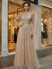 Luxurious Champagne Beaded High Neck Cold-Shoulder Prom Dress