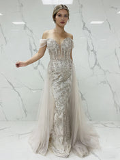 Luxurious Champagne Beaded Off-the-Shoulder Prom Dress with Tulle Train