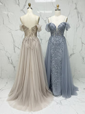 Luxurious Champagne Beaded Off-the-Shoulder Prom Dress with Tulle Train