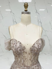 Luxurious Champagne Beaded Off-the-Shoulder Prom Dress with Tulle Train