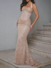Luxurious Champagne Gold Sequin Halter Mermaid Prom Dresses