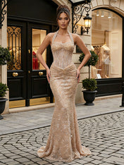 Luxurious Champagne Gold Sequin Halter Mermaid Prom Dresses
