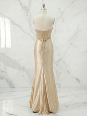 Luxurious Champagne Platinum Beaded Illusion Corset Satin Prom Dress