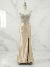 Luxurious Champagne Platinum Beaded Illusion Corset Satin Prom Dress