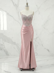 Luxurious Champagne Platinum Beaded Illusion Corset Satin Prom Dress