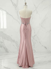 Luxurious Champagne Platinum Beaded Illusion Corset Satin Prom Dress