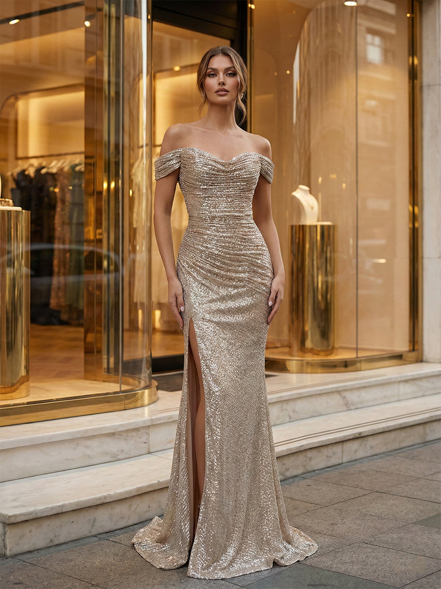 Luxurious Champagne Sequin Off-the-Shoulder Prom Dress