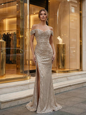 Luxurious Champagne Sequin Off-the-Shoulder Prom Dress