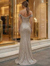 Luxurious Champagne Sequin Off-the-Shoulder Prom Dress