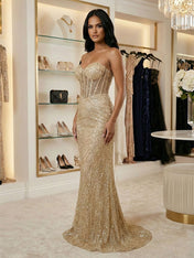 Luxurious Gold Strapless Geometric Sequin Corset Long Prom Dress