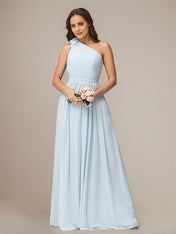 Light Blue A Line Chiffon One Shoulder Sleeveless Floor Length Bridesmaid Dresses