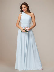 Light Blue A Line Chiffon One Shoulder Sleeveless Floor Length Bridesmaid Dresses