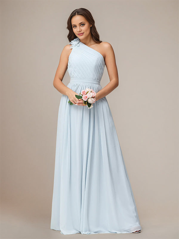 Light Blue A Line Chiffon One Shoulder Sleeveless Floor Length Bridesmaid Dresses