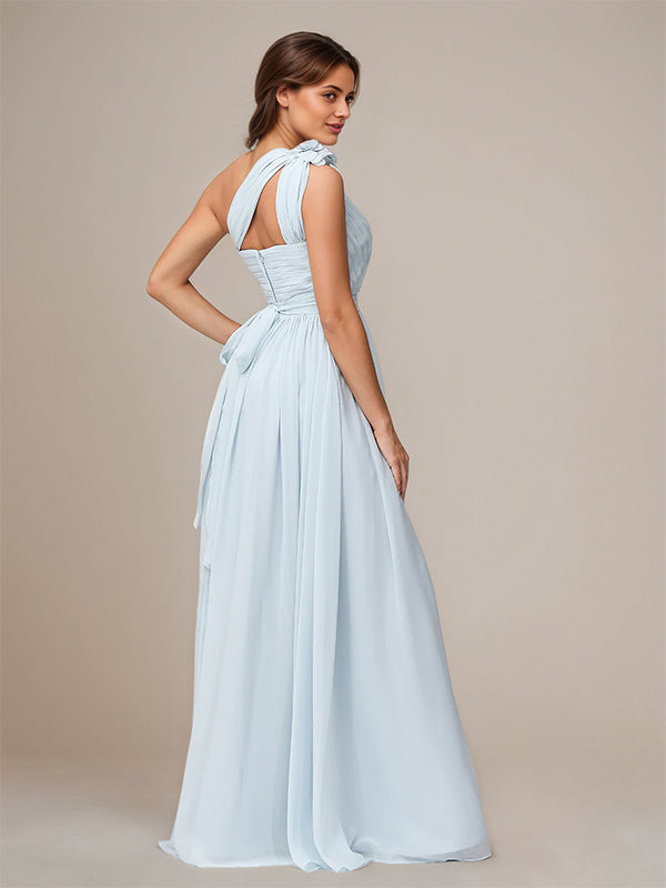 Light Blue A Line Chiffon One Shoulder Sleeveless Floor Length Bridesmaid Dresses
