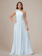 Light Blue A Line Chiffon One Shoulder Sleeveless Floor Length Bridesmaid Dresses
