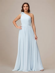 Light Blue A Line Chiffon One Shoulder Sleeveless Floor Length Bridesmaid Dresses