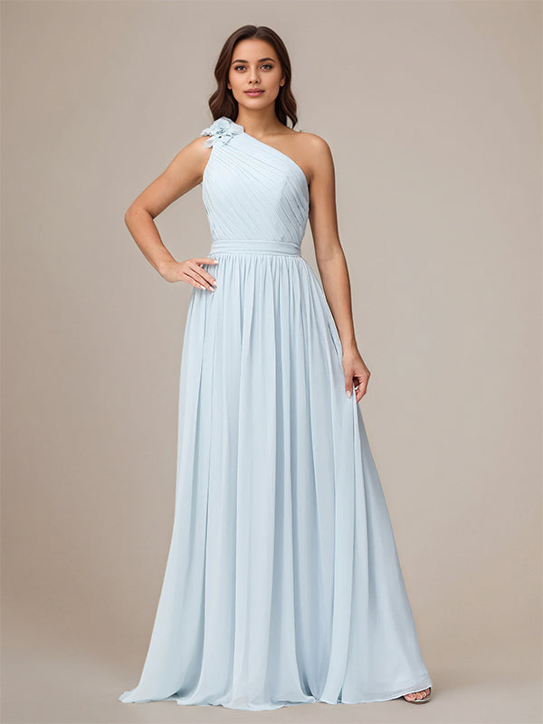 Light Blue A Line Chiffon One Shoulder Sleeveless Floor Length Bridesmaid Dresses