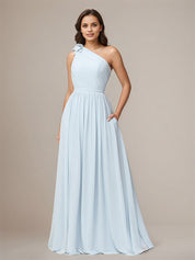 Light Blue A Line Chiffon One Shoulder Sleeveless Floor Length Bridesmaid Dresses