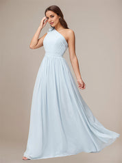 Light Blue A Line Chiffon One Shoulder Sleeveless Floor Length Bridesmaid Dresses