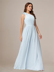 Light Blue A Line Chiffon One Shoulder Sleeveless Floor Length Bridesmaid Dresses