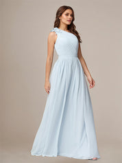 Light Blue A Line Chiffon One Shoulder Sleeveless Floor Length Bridesmaid Dresses