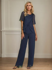 2 Piece Jumpsuit / Pantsuit Crew Neck Floor Length Chiffon Mother of the Bride Dress