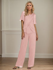 2 Piece Jumpsuit / Pantsuit Crew Neck Floor Length Chiffon Mother of the Bride Dress