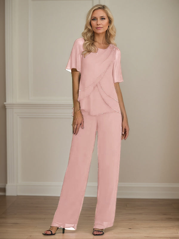  Pantsuit Crew Neck Floor Length Chiffon Mother of the Bride Dress