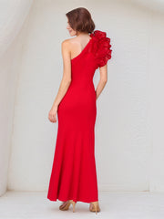 Red Stretch Crepe One Shoulder Sleeveless Ankle Length Dress With Ruffles