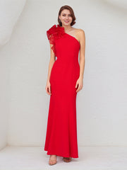 Red Stretch Crepe One Shoulder Sleeveless Ankle Length Dress With Ruffles